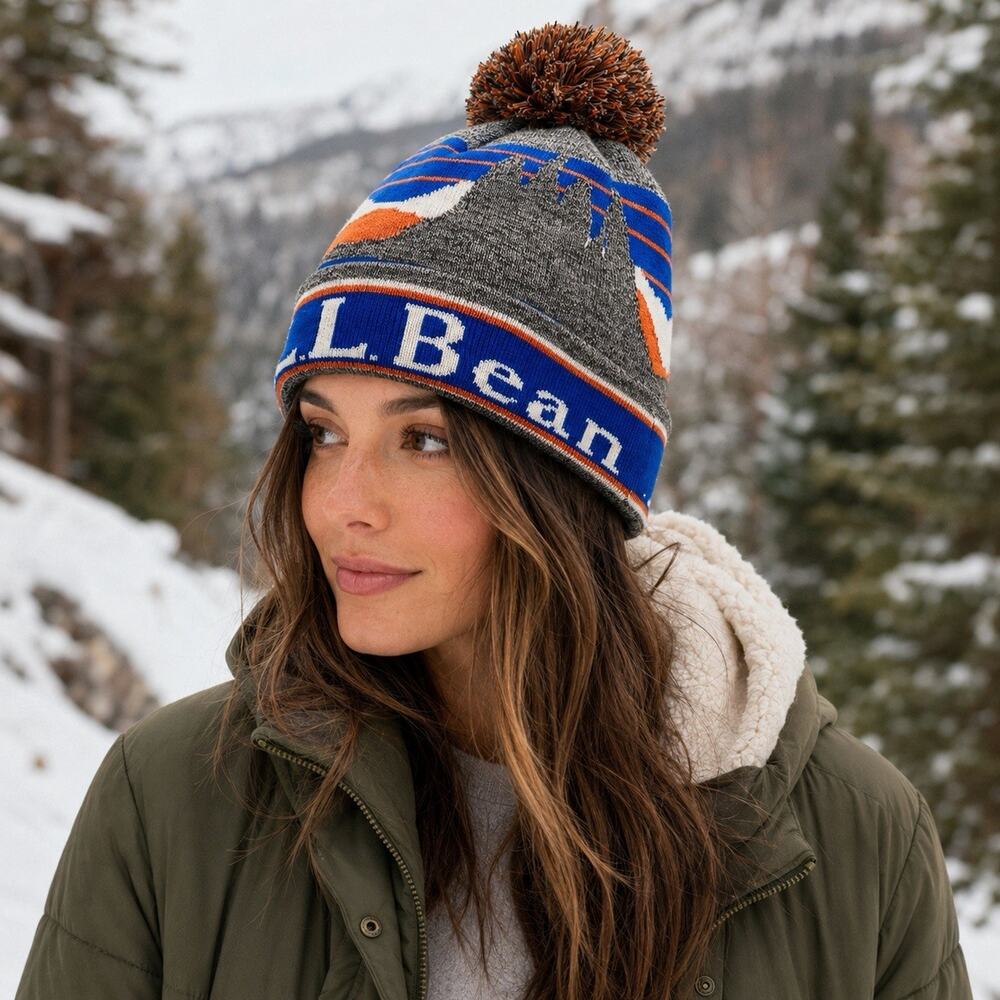 L.L.Bean Mountain Katahdin Scene Pom Beanie Hat Blue Orange Gray Winter Ski